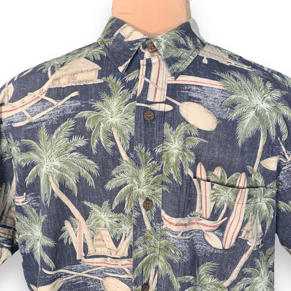 Vintage 90s Bishop St. Hawaiian Shirt Palm Trees Canoes Surfboards Navy Large